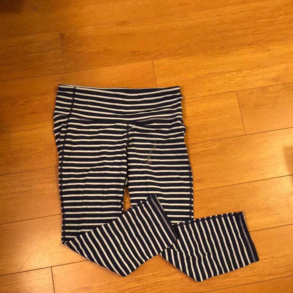 Blue and white striped Athleta crop tights